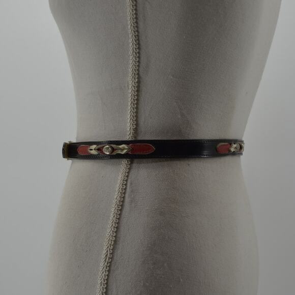 Skinny Leather Belt Western Black Red White Rodeo Cowgirl M - Picture 10 of 11